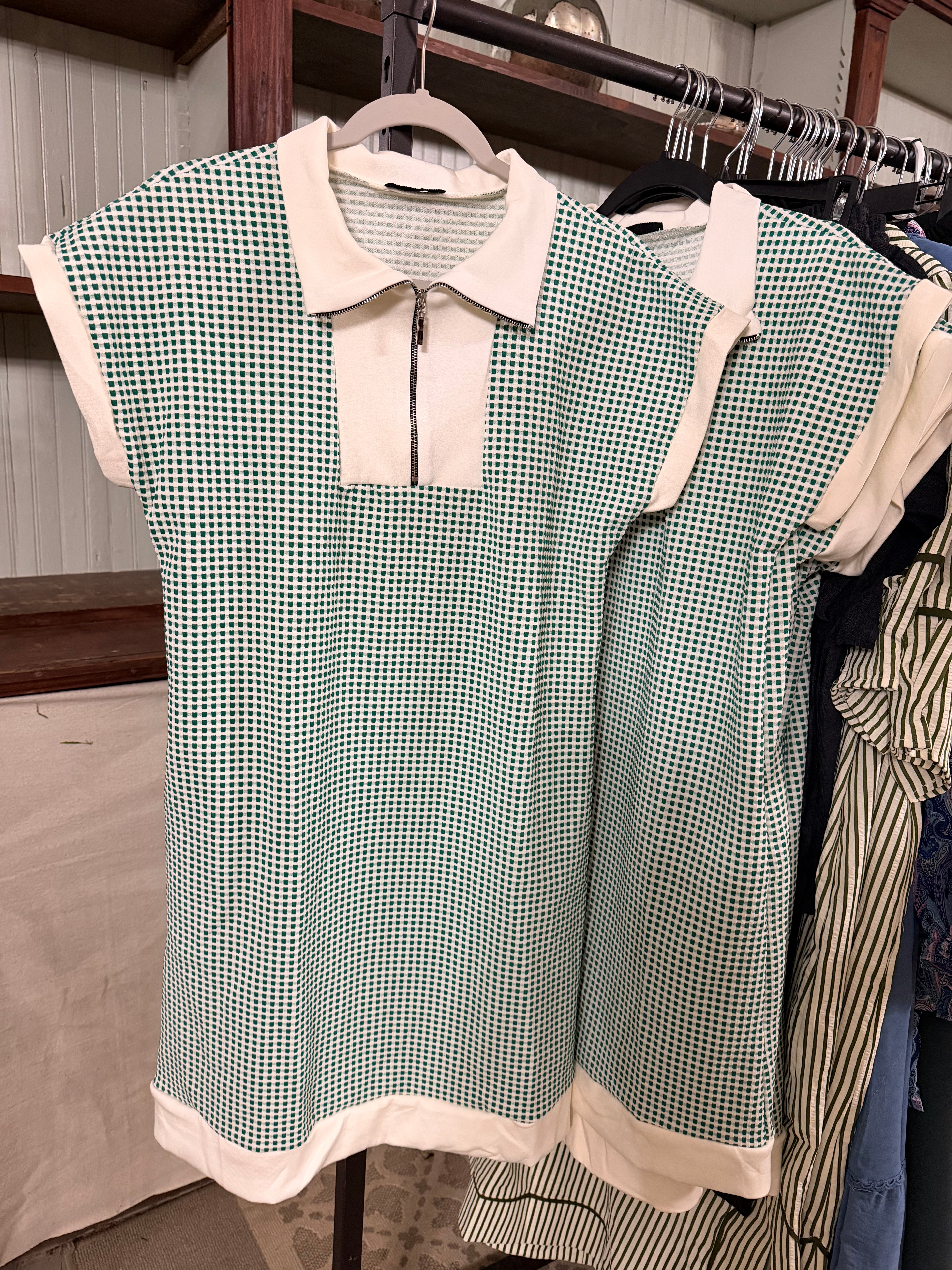 Green Check Quarter Zip Dress