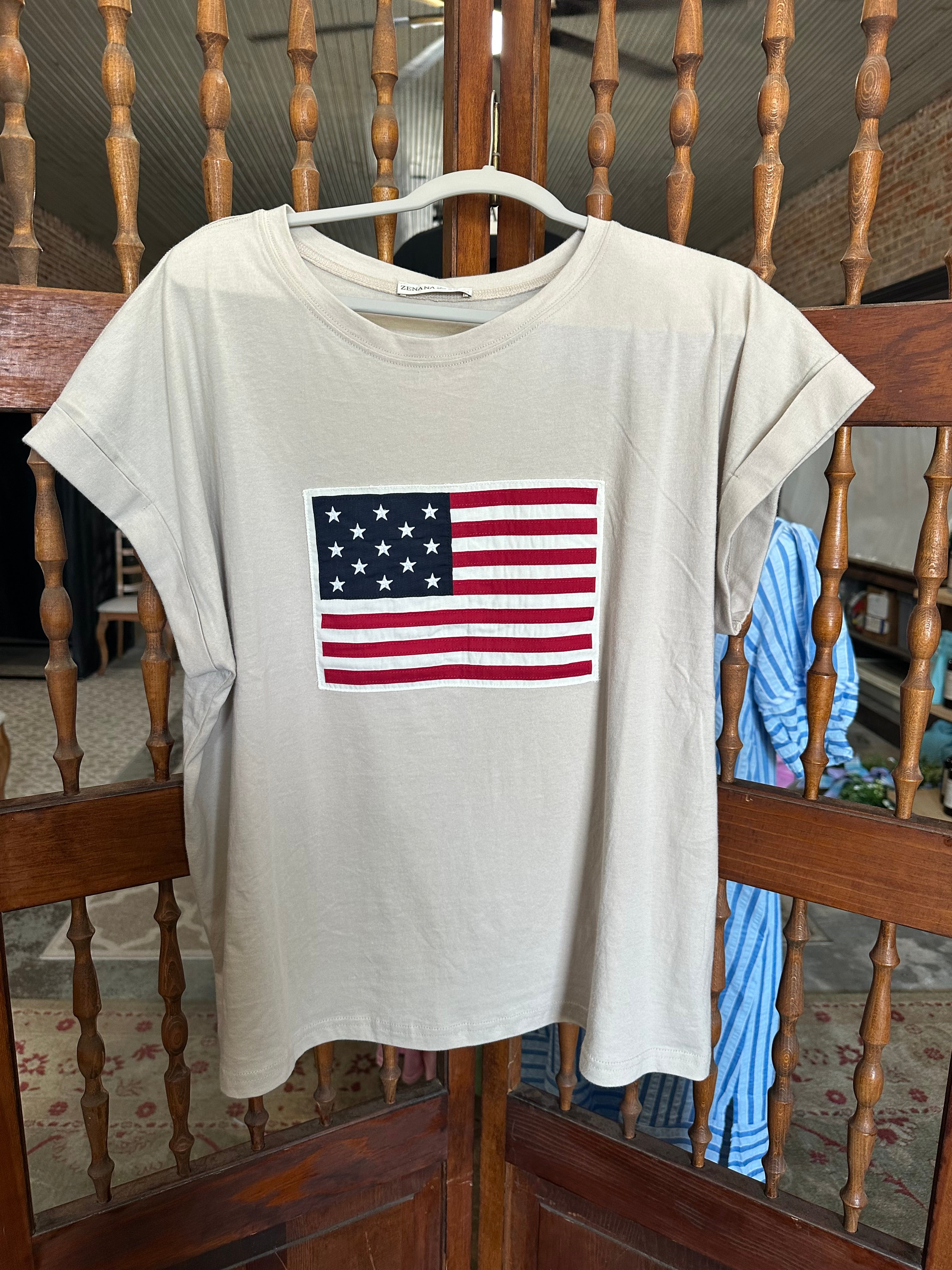 CURVY- Beige Flag Shirt